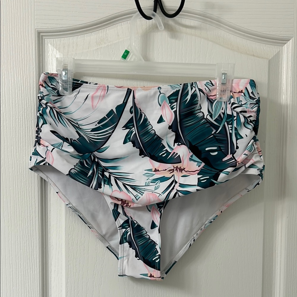 Tropical Leaf Print High-Waisted Bikini Bottom